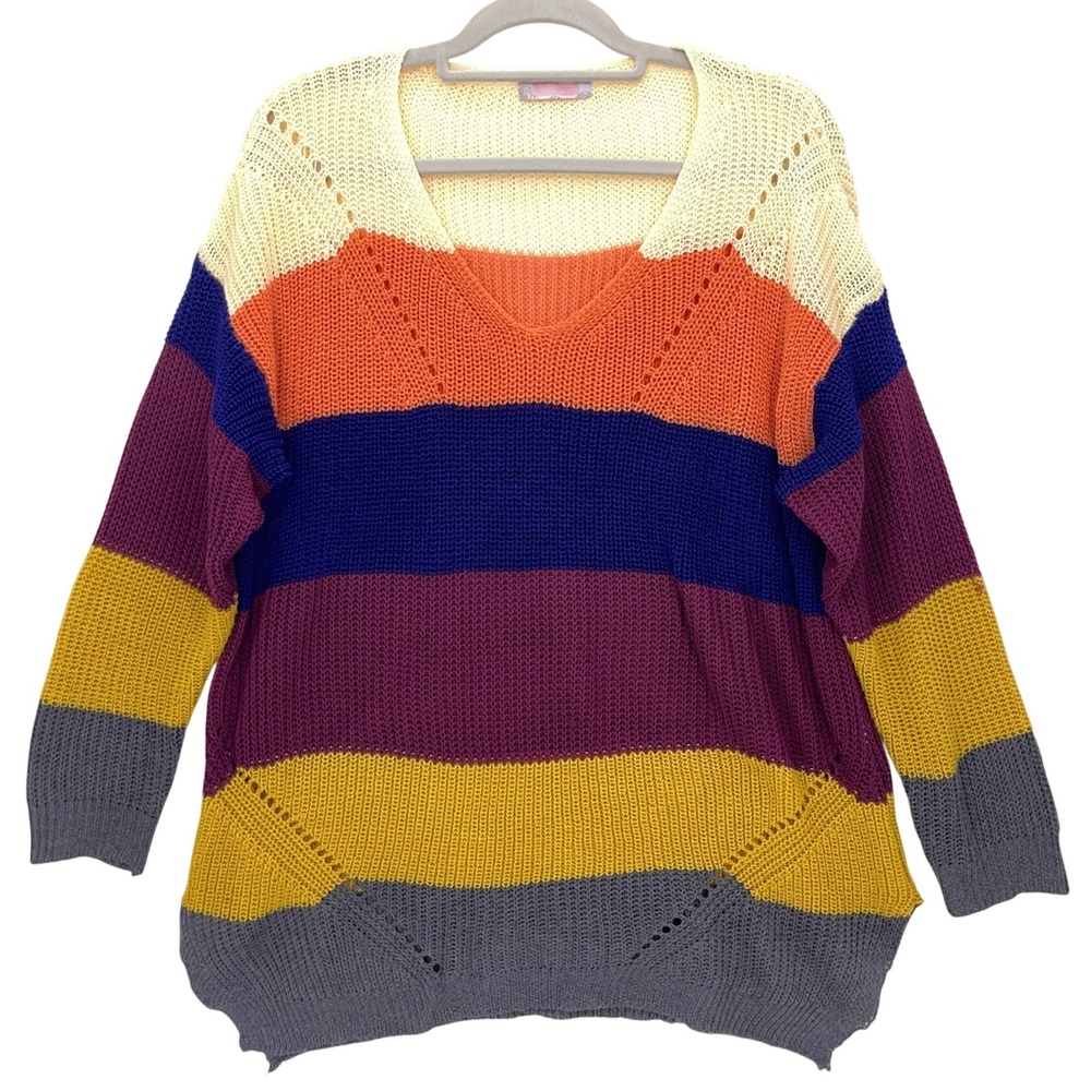 C+D+M Collection Multicolor Striped V-Neck Open Knit Sweater M Boho Relaxed Fit